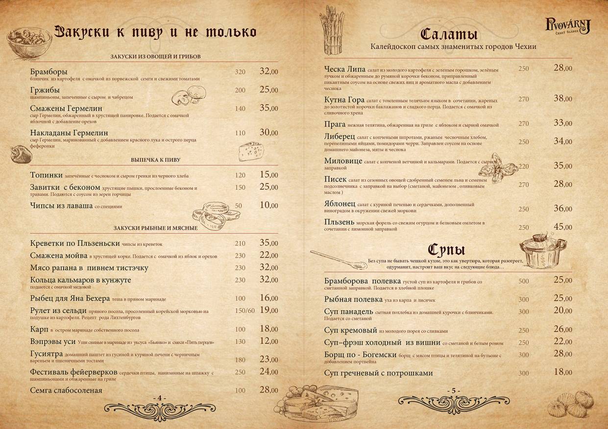 меню русской кухни в кафе